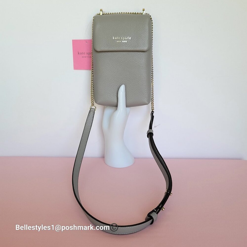 KATE SPADE Bradley North/South Pebbled Leather Phone Crossbody-True Taupe  🎈⭐ - Picture 2 of 16